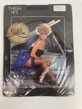 VTG 80s NOS Gold Medal Thigh Hi Black Nylon Stocking Pantyhose Sz B - 5'5" to 6'